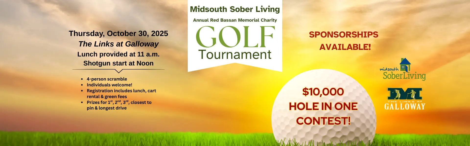 Save the date for Midsouth Sober Living's Fall Golf Tournament: October 30th, 2025 at 11:00AM. Join us at The Links at Galloway for our annual charity golf tournament. More information to follow!